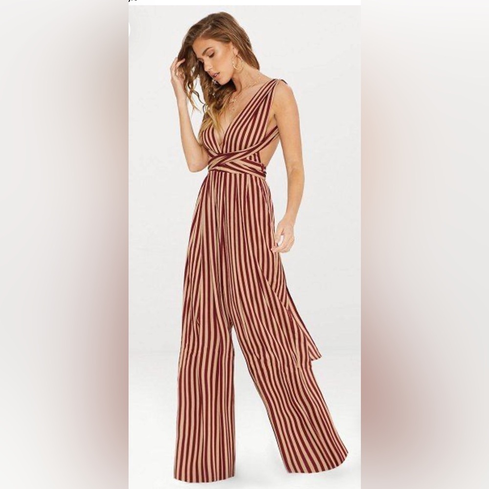 Pretty Little Thing Maroon Beige Striped Tie Waist Halter Jumpsuit - size 8